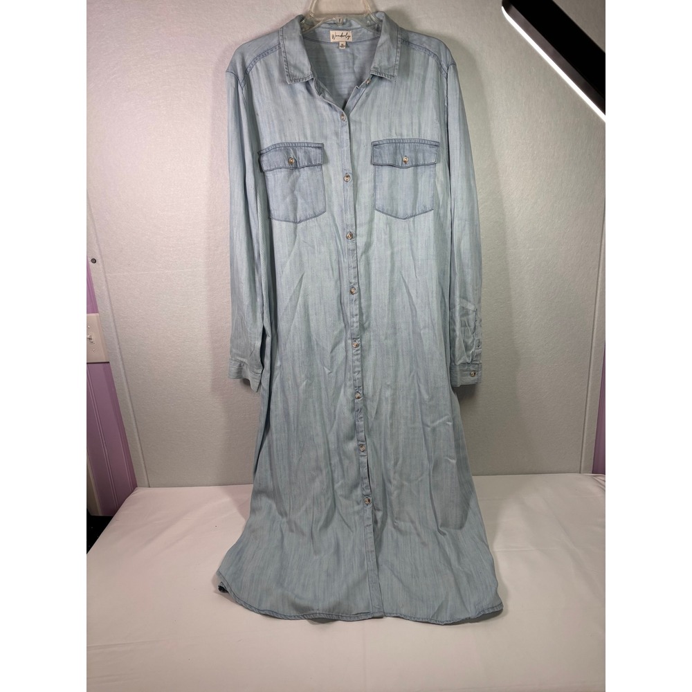 Wonderly Womens XL Blue Lyocell Maxi Shirt Dress Long Sleeve Button Down Duster